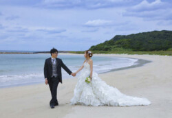 手を繋いで砂浜を歩く二人